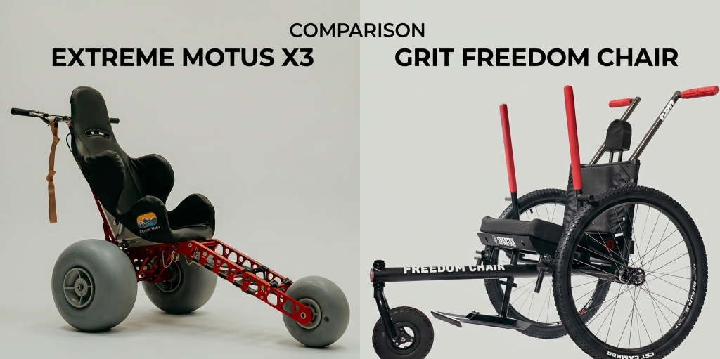 A side-by-side product comparison showing two different all-terrain wheelchairs. On the left is the red-framed Extreme Motus X3 with large grey balloon tires and a racing seat. On the right is the black-framed GRIT Freedom Chair with black mountain bike tires and dual lever-drive arms.