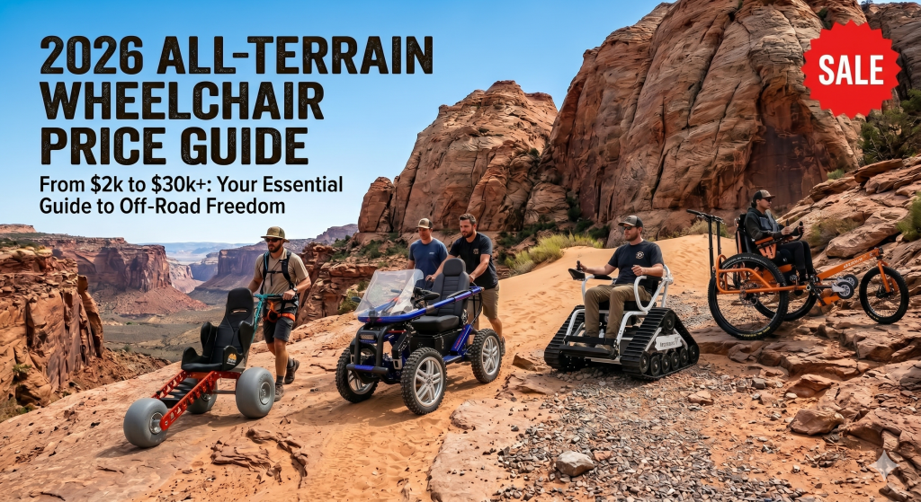 A panoramic promotional image for the 2026 All-Terrain Wheelchair Price Guide featuring four distinct off-road wheelchairs on a rocky desert ridge in Zion National Park. From left to right: a manual Extreme Motus with balloon tires, a TerrainHopper 4ZS 4x4, a white Action Trackchair with treads, and an orange AdvenChair 3.2. Large text overlays read '2026 All-Terrain Wheelchair Price Guide' with a red 'SALE' badge.
