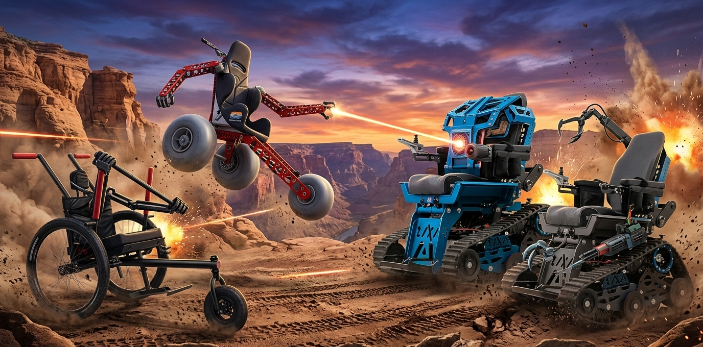A cinematic, action-packed illustration of all-terrain wheelchairs transformed into battle robots fighting on a dusty mountain trail. On the left, the red Extreme Motus and a GRIT Freedom Chair act as agile robots, while on the right, heavy blue and grey Tracked Wheelchairs stand as armored tank robots. Dust, sparks, and laser beams fill the air. The title overlay reads: 'OFF-ROAD MEC-OFF: MANUAL VS. POWERED BATTLE.'
