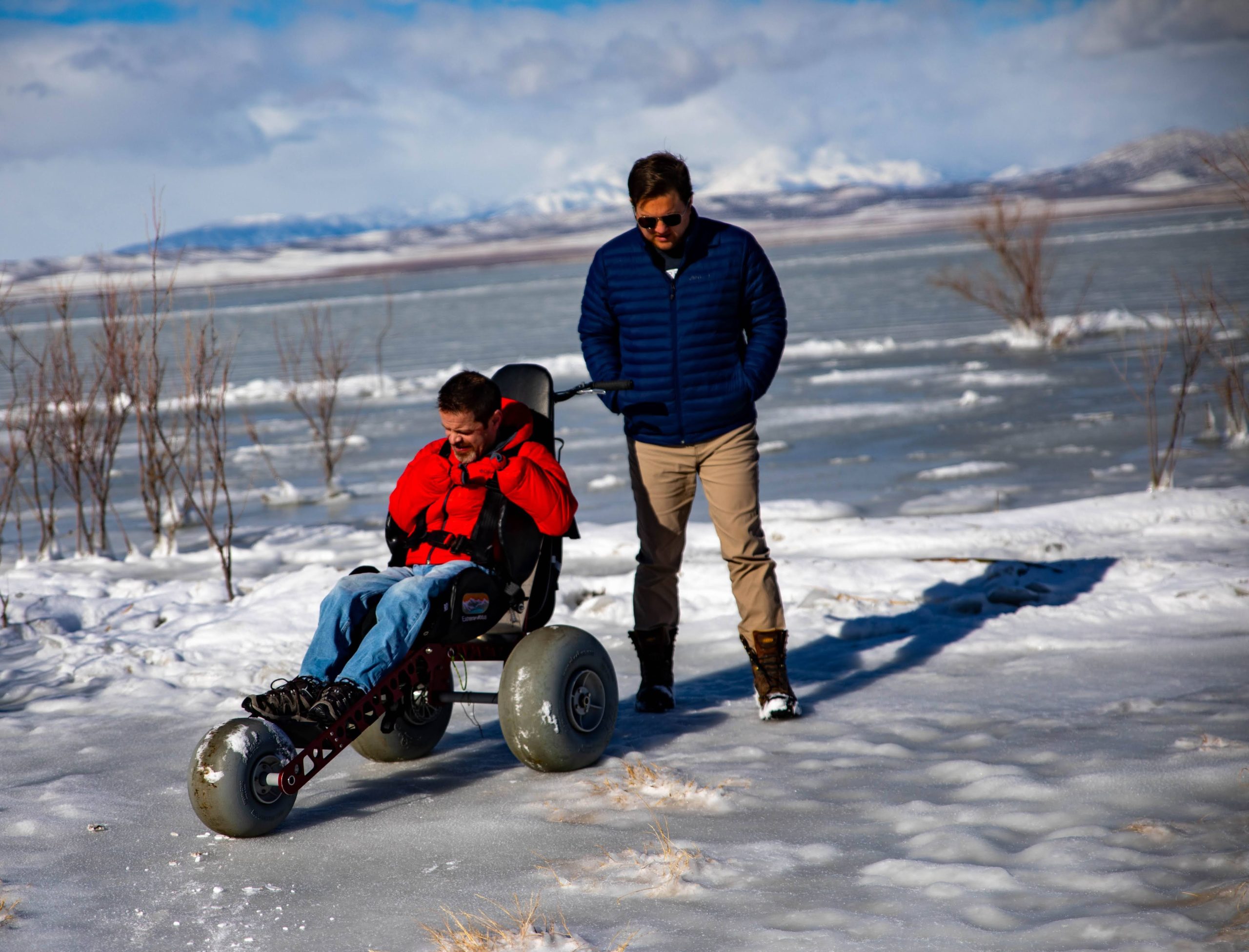 Extreme Motus all-terrain wheelchair in the snow and ice.