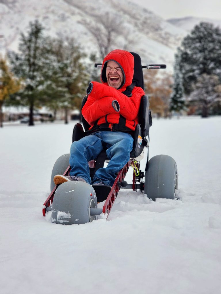 Extreme Motus All-Terrain Wheelchair in the snow. 