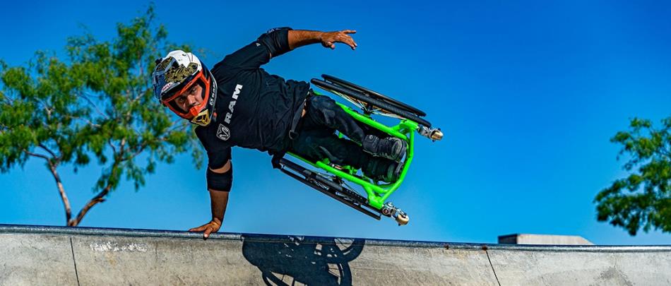 Aaron Fotheringham preforms a gravity defying stunt in his wheelchair at the skatepark.