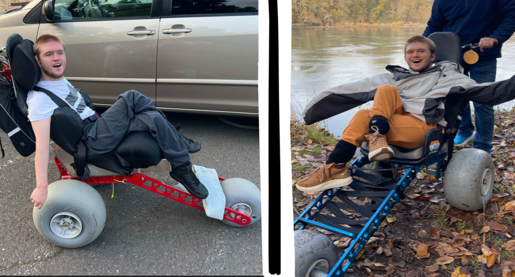 Man with cerebral palsy in an Extreme Motus all terrain wheelchair