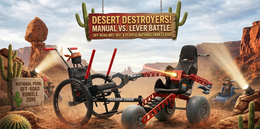 A playful conceptual illustration of a black GRIT Freedom Chair (left) fighting a red Extreme Motus all-terrain wheelchair (right) in a desert National Park. Both chairs have transformed into anthropomorphic robots, grappling and kicking up dust under a giant, rustic wooden sign that reads "DESERT DESTROYERS: MANUAL VS LEVER BATTLE." A rock sign in the foreground says "NATIONAL PARK OFF-ROAD RUMBLE ZONE."