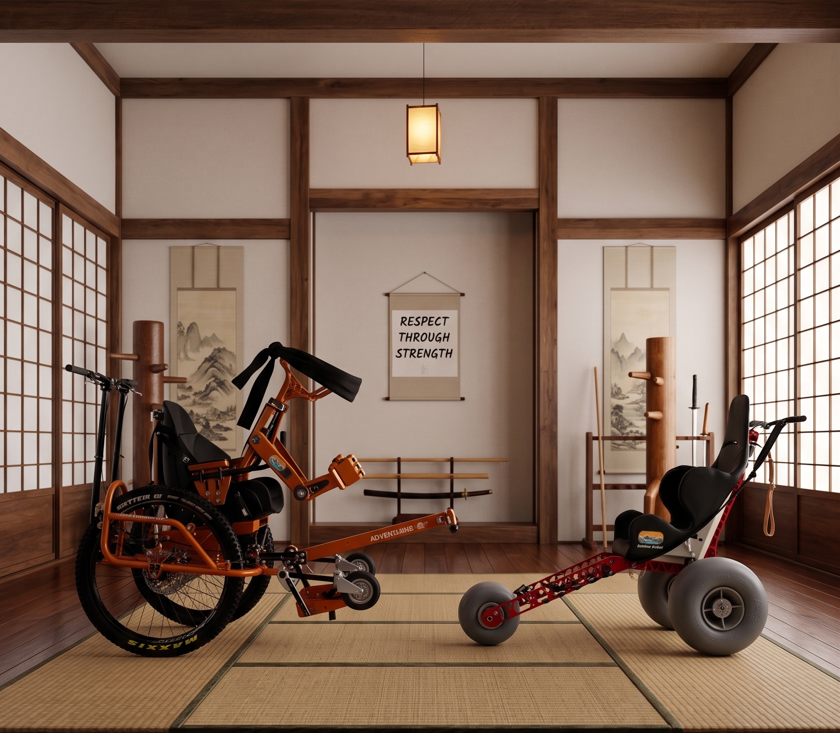 serene Kung Fu dojo with a wooden floor and tatami mats. An orange AdvenChair (left) and a red Extreme Motus (right) are positioned as if bowing to each other before a match. Both wheelchairs have small black martial arts headbands tied to their frames. A scroll on the back wall reads "RESPECT THROUGH STRENGTH."