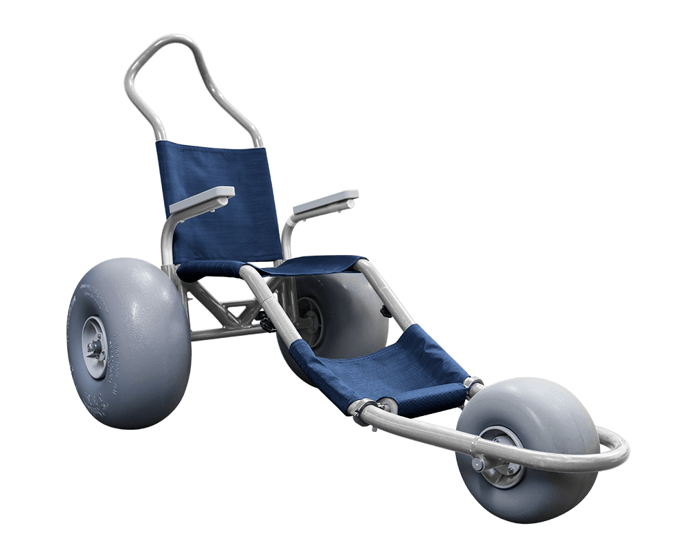 The Sand Rider custom beach wheelchair with a blue mesh seat and a lightweight, foldable aluminum frame. It features three large grey balloon tires and a stylish, off-road design, optimized for quick disassembly and easy transport in a standard car trunk.