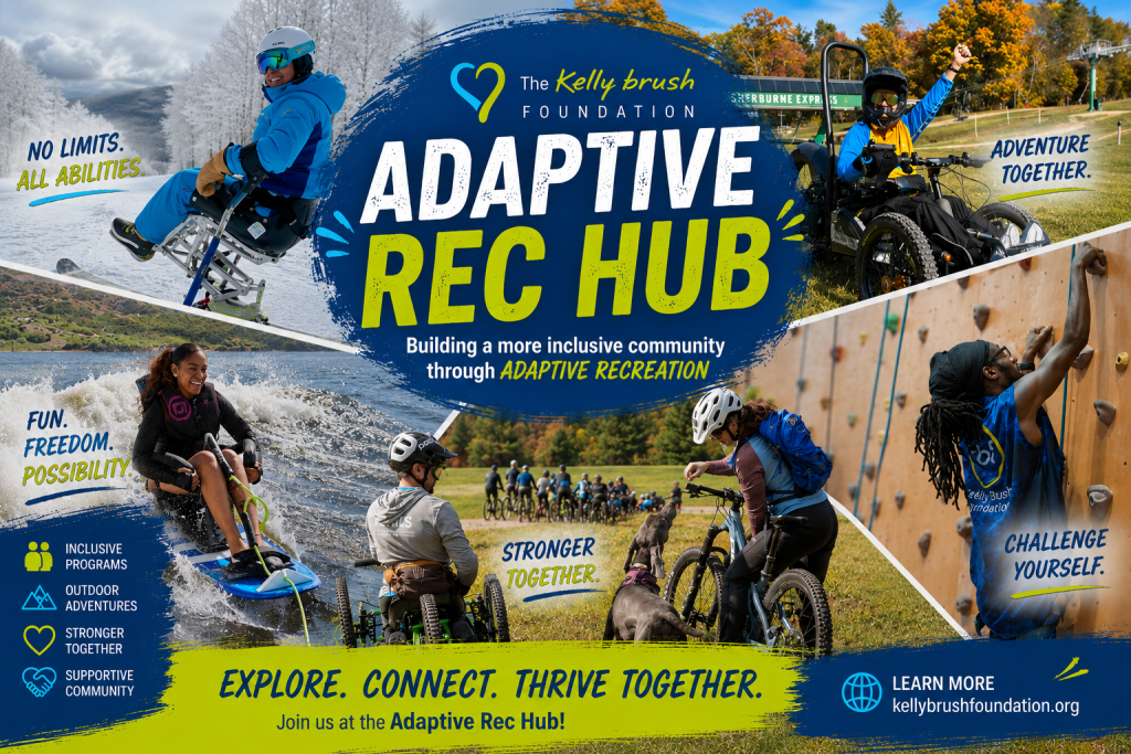 Collage of adaptive sports including sit-skiing, off-road handcycling, adaptive wakeboarding, mountain biking, and rock climbing for the Kelly Brush Foundation Adaptive Rec Hub.