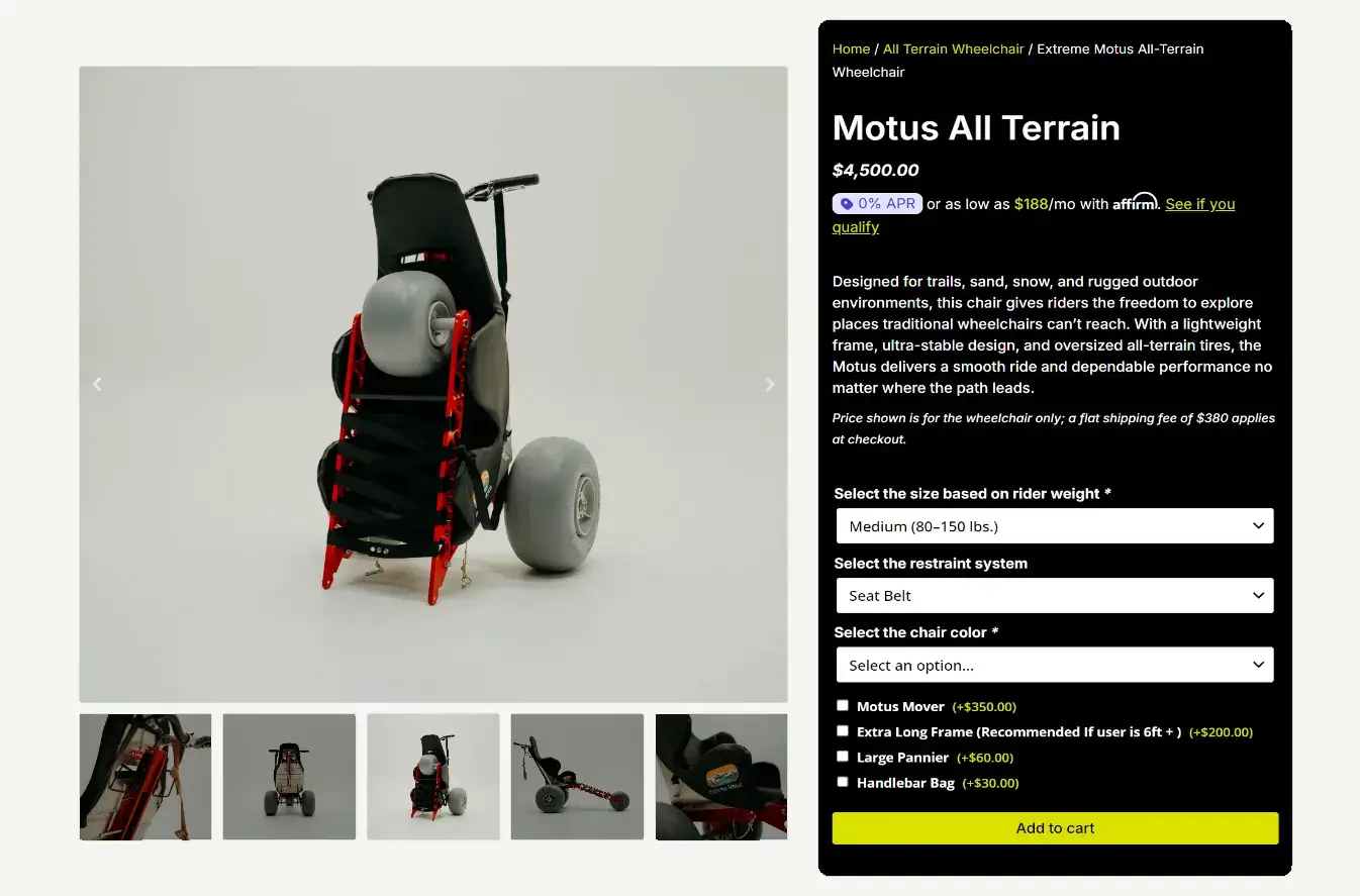 Extreme Motus all-terrain wheelchairs shop now page